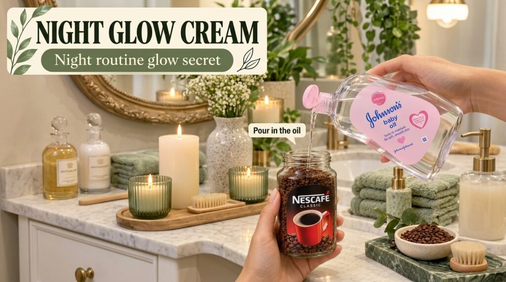 Hands pouring Johnson s baby oil into a jar of Nescafé Classic coffee granules on a bathroom vanity