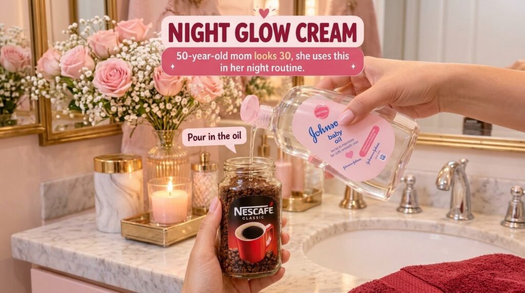 Hands pouring Johnson s Baby Oil into a jar of Nescafe Classic coffee grounds on a vanity with soft pink roses baby s br