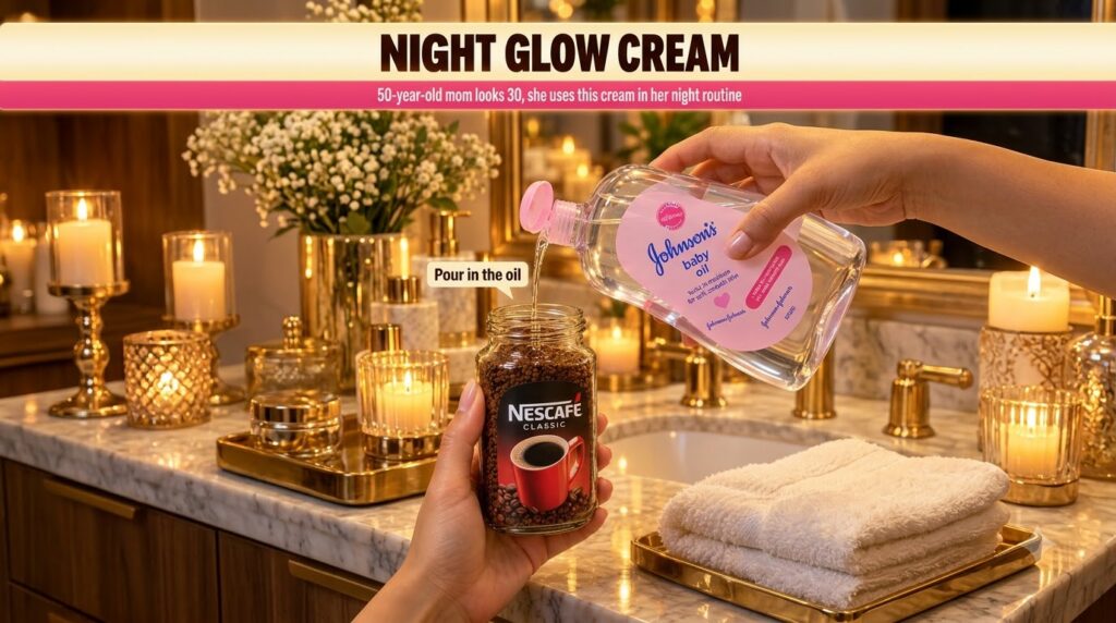 Hands mixing Nescafe Classic coffee granules and Johnson s baby oil in a small bowl set against a blurred background of 