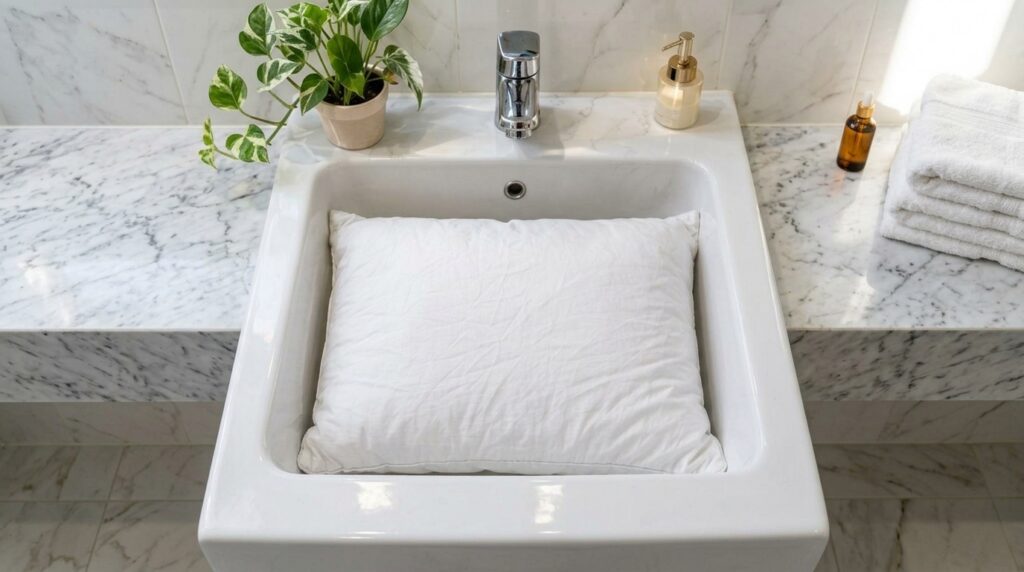 A kitchen sink filled with hot soapy water with two stained white pillows submerged in the cleaning solution surrounded 