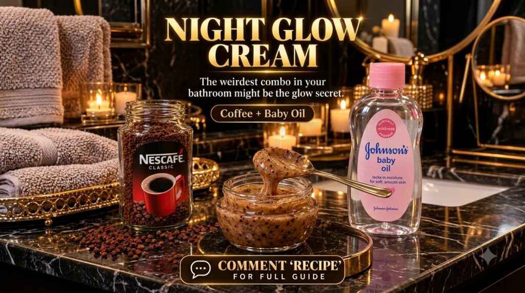A close-up of a luxurious DIY beauty scrub made from instant coffee granules and Johnson s Baby Oil presented in a small