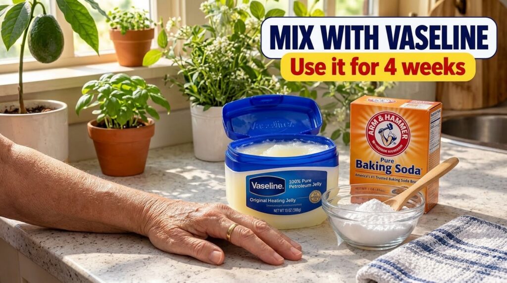 An older hand next to an open jar of Vaseline and a bowl of baking soda with a wooden spoon on a bright countertop with 