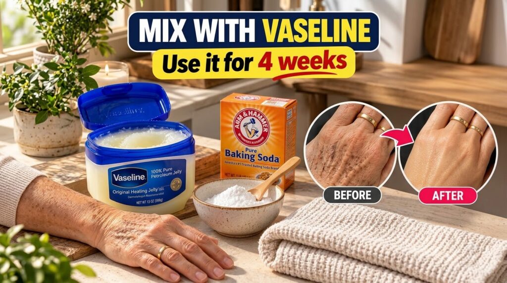 A home remedy setup with a large tub of Vaseline a box of baking soda and a bowl of baking soda powder with a wooden spo
