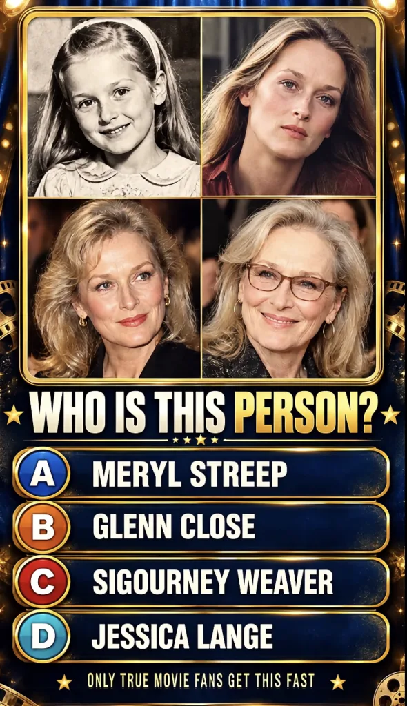 A 2x2 grid of four portraits of Meryl Streep at different ages a childhood photo a young adult photo and two older adult