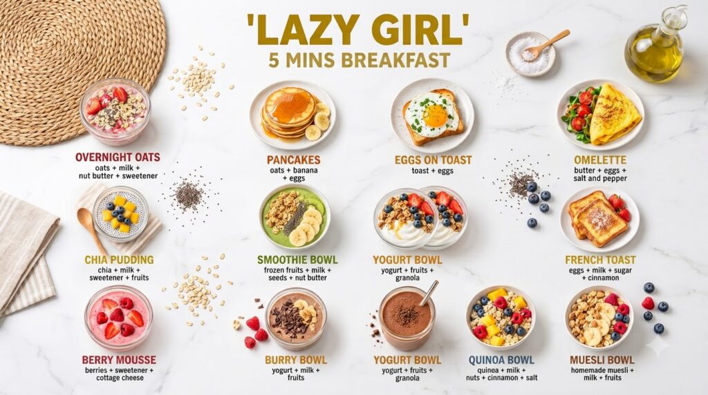 A grid of 12 different colorful 5-minute breakfast recipes each in its own dish against a bright white background Exampl