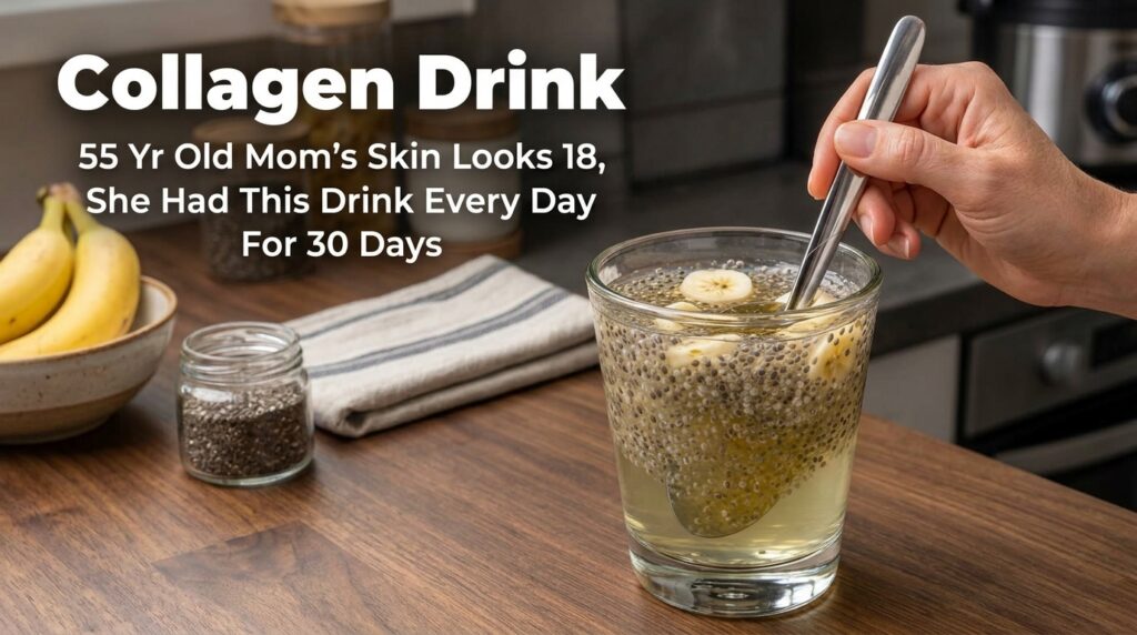 A clear glass filled with a light yellow liquid abundant chia seeds and banana slices A hand is stirring with a metal sp