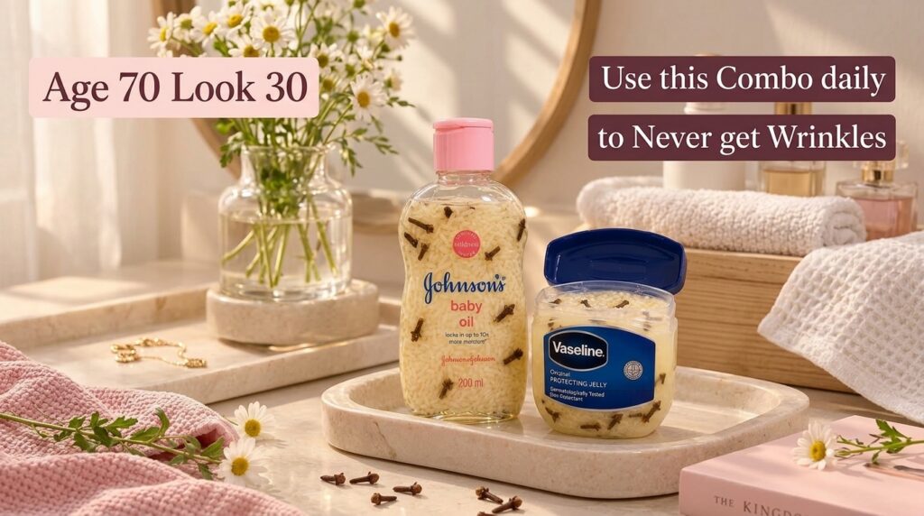 A bottle of baby oil and an open jar of Vaseline both containing white rice grains and cloves set on a light-colored tra