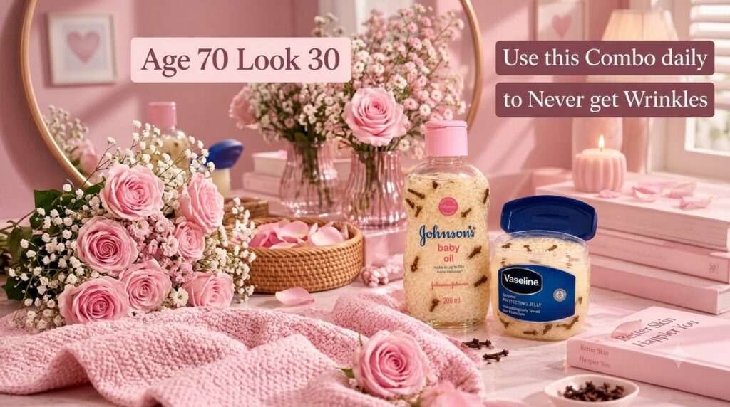 A bottle of Johnson s baby oil and a tub of Vaseline both infused with rice grains and cloves on a soft pink knitted sur