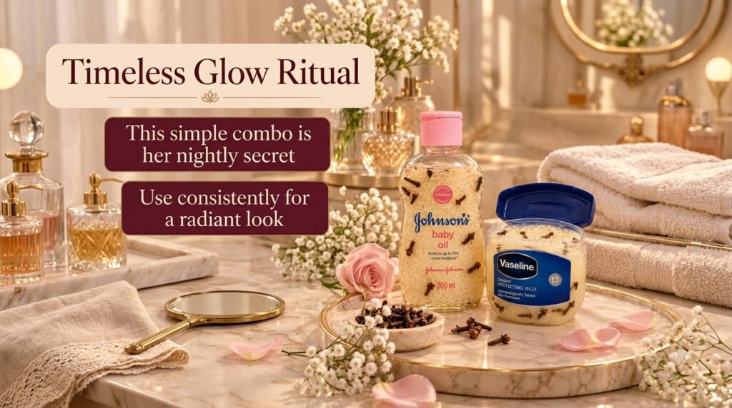 A bottle of Johnson s baby oil and a tub of Vaseline Original Protecting Jelly both infused with rice grains and cloves 
