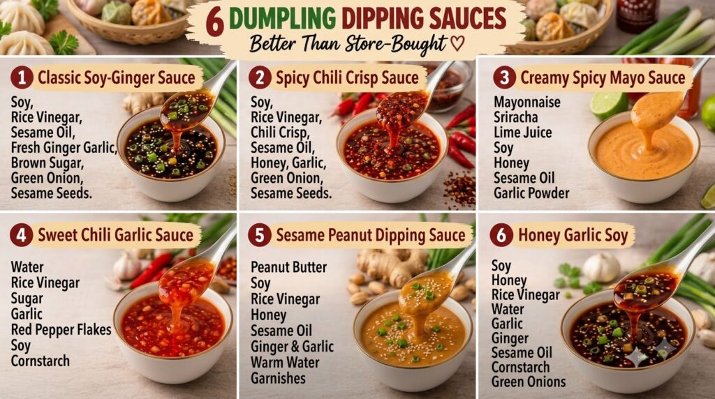 A grid of six distinct dumpling dipping sauces each being poured from a spoon into a white bowl with fresh ingredients l