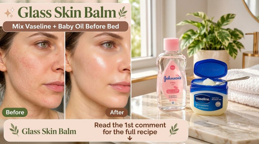 A vertical collage showing a Before and After comparison of a woman s face with improved radiant skin alongside bottles 