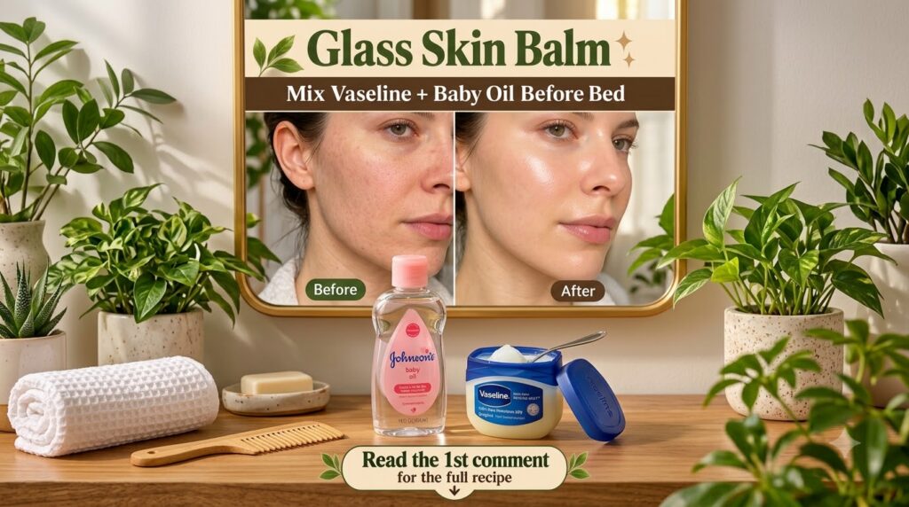 A vertical split-screen with a Before and After comparison of a woman s face showing improved skin texture and glow and