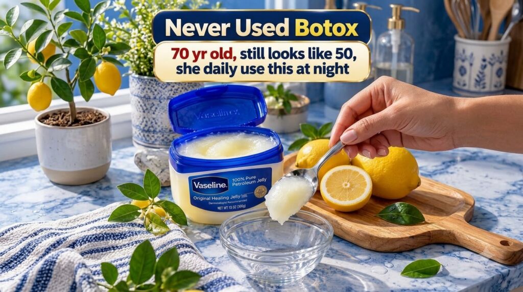 A tub of Vaseline a hand scooping jelly with a spoon and fresh lemons some halved on a blue and white patterned surface 