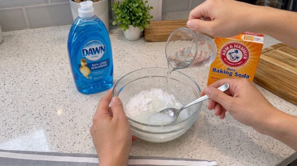 Manos mezclando bicarbonato de sodio jabón para platos y agua en un tazón de vidrio para crear una solución de limpieza 
