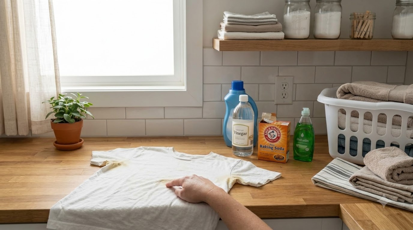 A white t-shirt with visible yellow armpit and front stains laid flat on a wooden counter with various natural cleaning