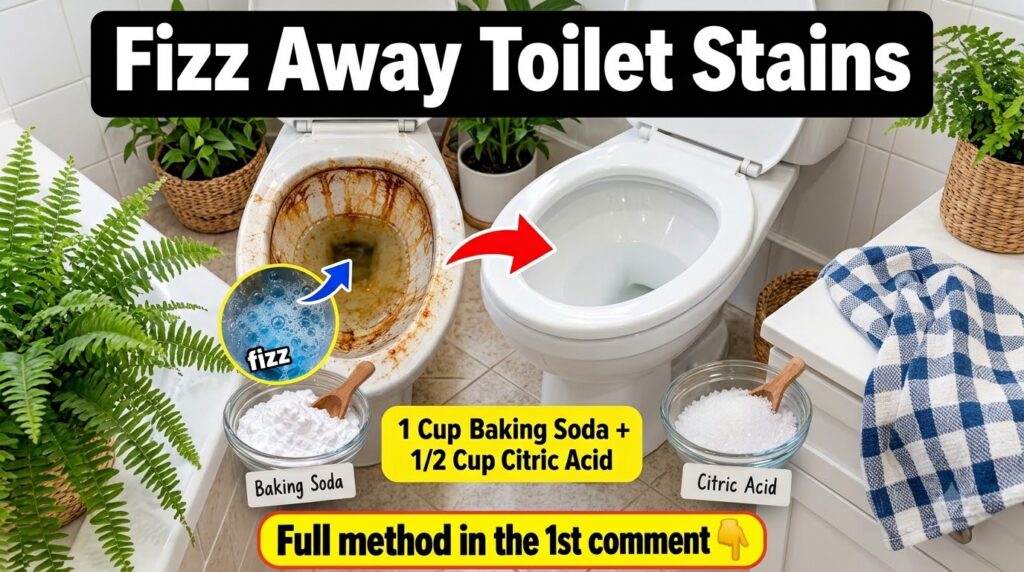 A toilet bowl with significant rust and hard water stains actively fizzing with a blue cleaning tablet creating white fo