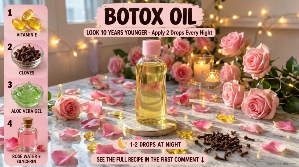 A collection of ingredients for the Botox Oil recipe including a bottle of Johnson s Baby Oil Vitamin E capsules whole c