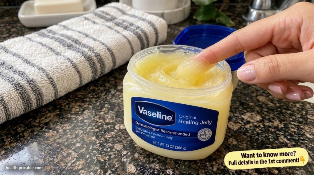 A finger pressing into a blue tub of petroleum jelly showing its soft translucent texture with a blurred bathroom counte