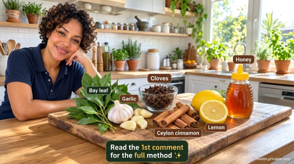 A woman smiling behind a wooden cutting board with bay leaves garlic cloves cinnamon honey and lemons suggesting natural