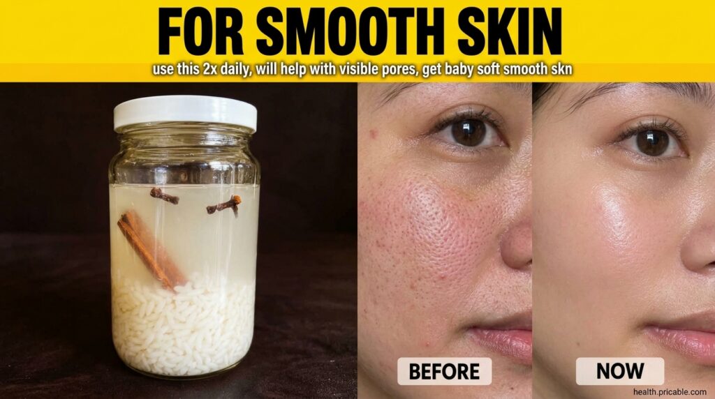 A clear glass jar containing white rice a cinnamon stick and cloves submerged in cloudy rice water next to a BEFORE and 