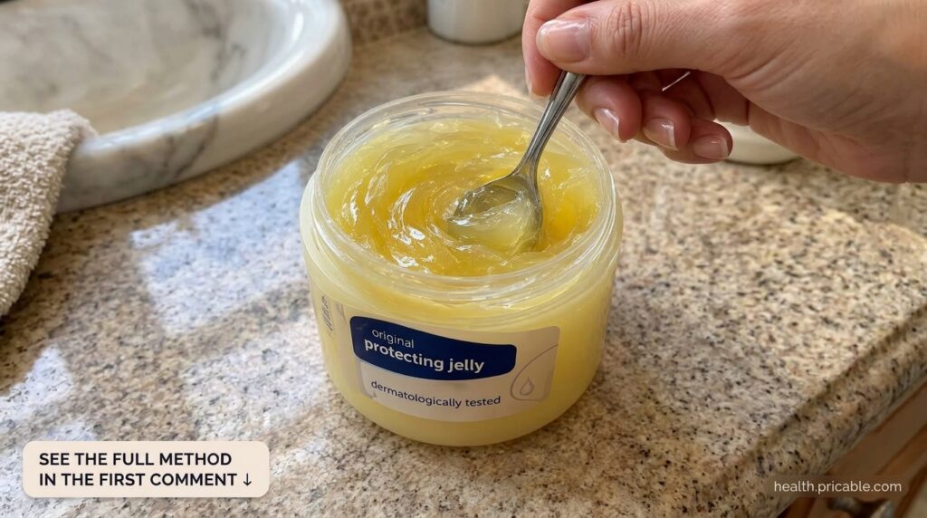 A clear jar of Vaseline Original Protecting Jelly with a silver spoon actively stirring the jelly showing its smooth ric