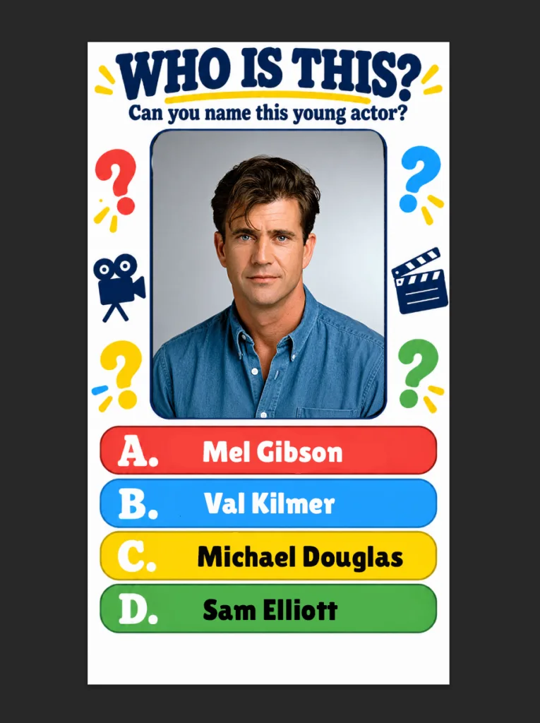 A quiz poster challenging viewers to identify a young Mel Gibson from a headshot with multiple-choice options below