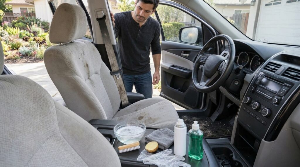 A spray bottle filled with a clear liquid labeled with a handwritten note and a microfiber cloth ready for car cleaning