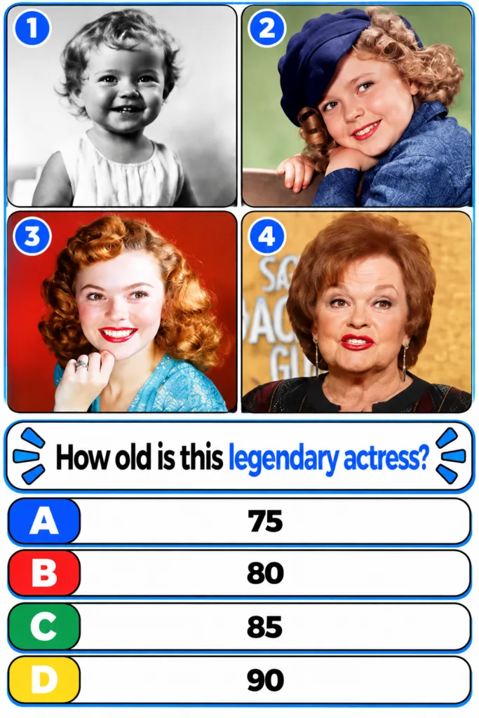 A 2x2 grid of four portraits showing a famous actress at different ages as a baby a young child a young adult and an old