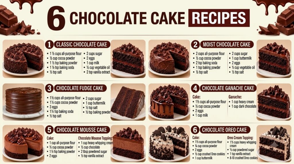 An infographic displaying six distinct vegan chocolate cake variations in a grid-like layout each featuring a full cake