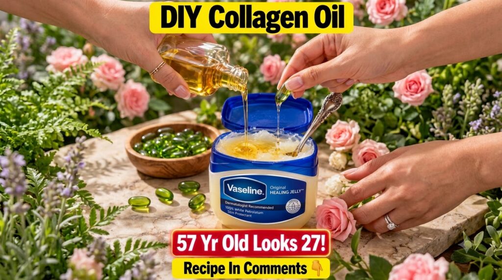 A close-up shot of a DIY beauty hack featuring a tub of Vaseline Original Healing Jelly golden oil being poured from a c
