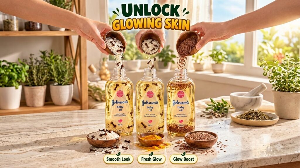 Three bottles of Johnson s baby oil with hands pouring turmeric flax seeds rice and cloves into them from wooden bowls a