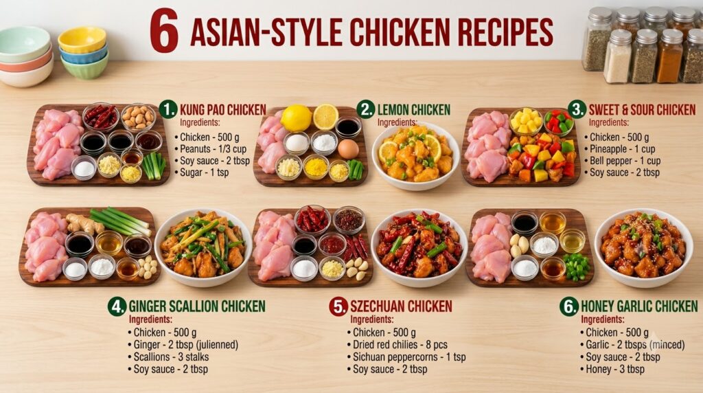 A vertical infographic showcasing six distinct Asian chicken recipes each section displaying raw chicken with specific i