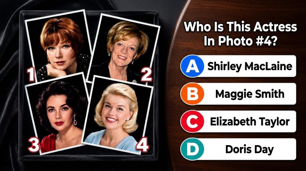 A four-panel quiz image showing headshots of four different actresses with the fourth image being Doris Day Below the im