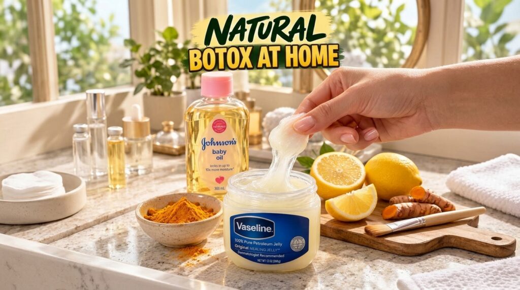 A hand scooping petroleum jelly from a Vaseline jar with a bottle of baby oil a bowl of turmeric powder and sliced lemon