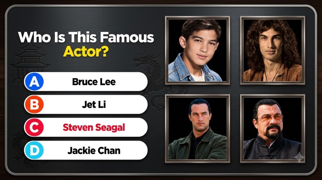 A multiple-choice quiz image asking Who Is This Famous Actor with four headshots of different actors Bruce Lee Jet Li St
