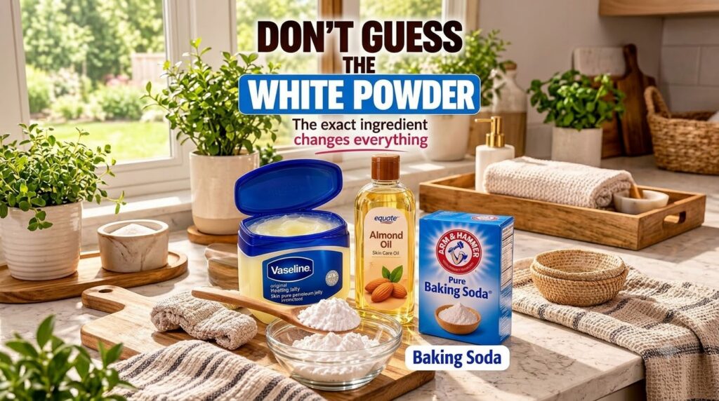 A bowl of white baking soda next to a jar of Vaseline and a bottle of almond oil with a wooden spoon