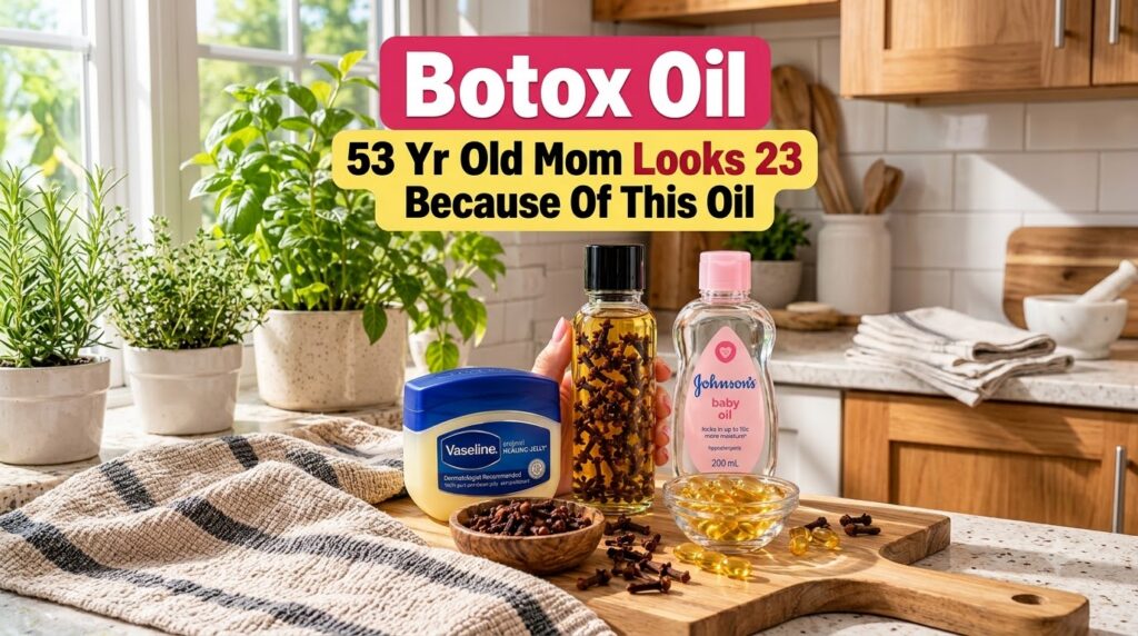 Ingredients for a homemade beauty remedy including a hand holding a bottle filled with cloves in oil a jar of Vaseline a
