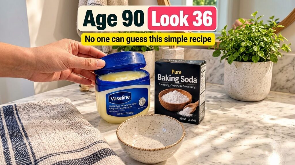 A clean bright countertop with a partially opened jar of Vaseline a box of baking soda with a wooden scoop and an empty 
