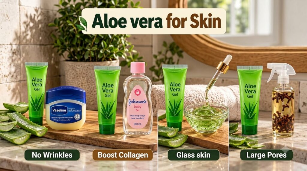 A vibrant vertical collage titled Aloe Vera for Skin divided into four quadrants Each quadrant showcases aloe vera gel a
