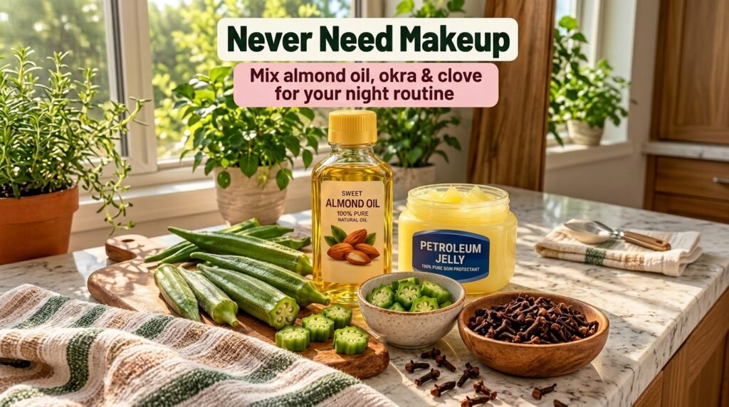 A collection of natural beauty ingredients on a countertop including a bottle of sweet almond oil a jar of petroleum jel