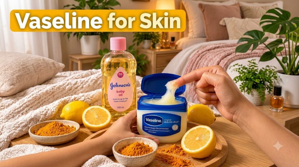 A flat lay showing skincare ingredients Vaseline Johnson s baby oil sliced lemons and turmeric powder on a wooden surfac