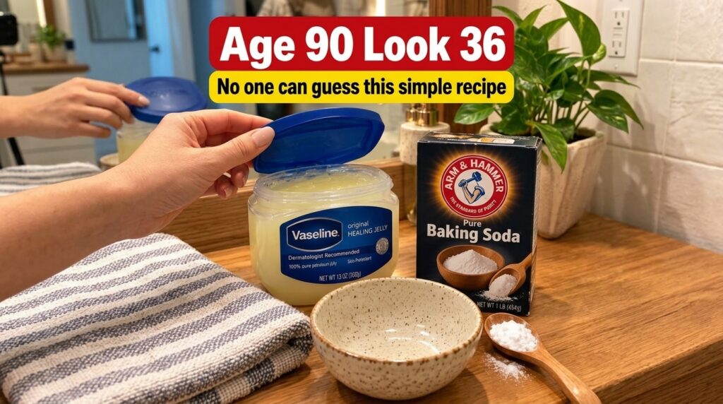 A flat lay image on a bathroom counter showing a large jar of Vaseline a box of Arm Hammer Baking Soda an empty ceramic 
