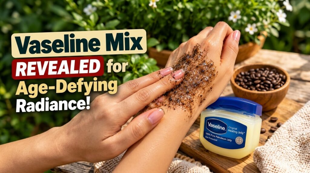 A hand being massaged with a homemade coffee scrub with a jar of Vaseline in the foreground against a natural green back