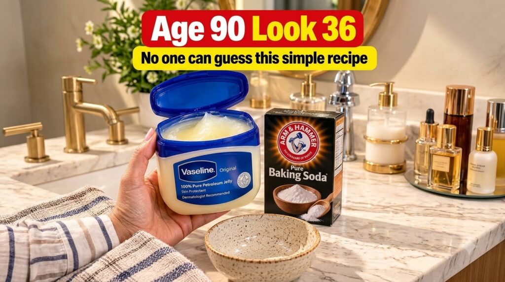 A hand holding an open jar of Vaseline with a box of baking soda and a mixing bowl on a marble counter suggesting DIY be