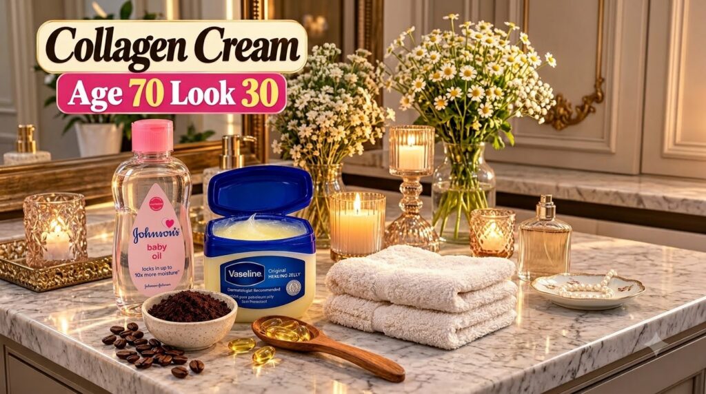A collection of DIY beauty ingredients on a counter including baby oil Vaseline coffee grounds and omega-3 capsules