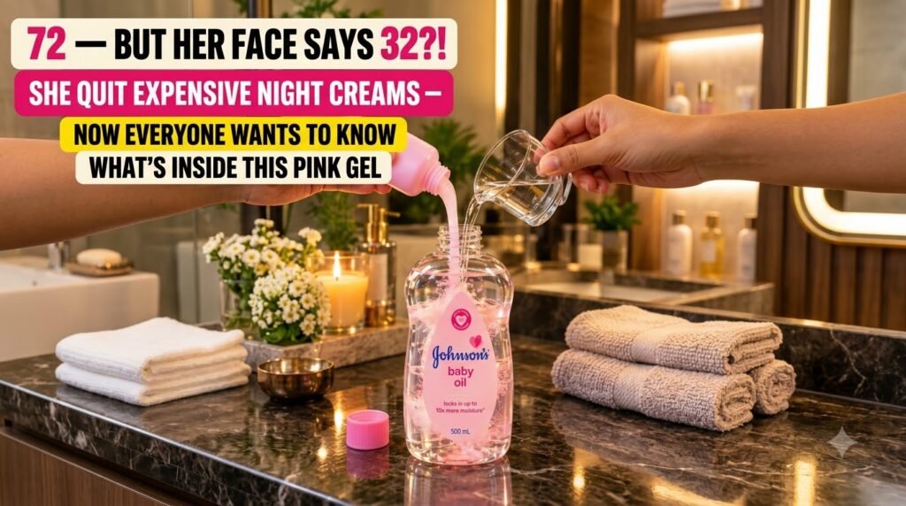 Two hands mixing a pink liquid and a clear liquid into a bottle of Johnson s baby oil on a dark bathroom vanity There ar