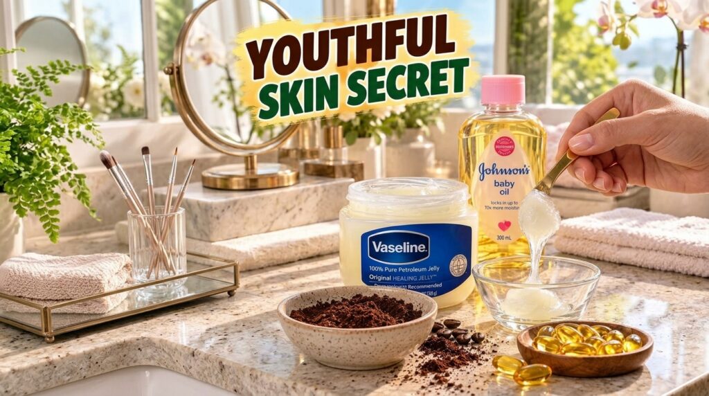 A collection of beauty ingredients on a bright countertop including a jar of Vaseline Petroleum Jelly a bottle of Johnso