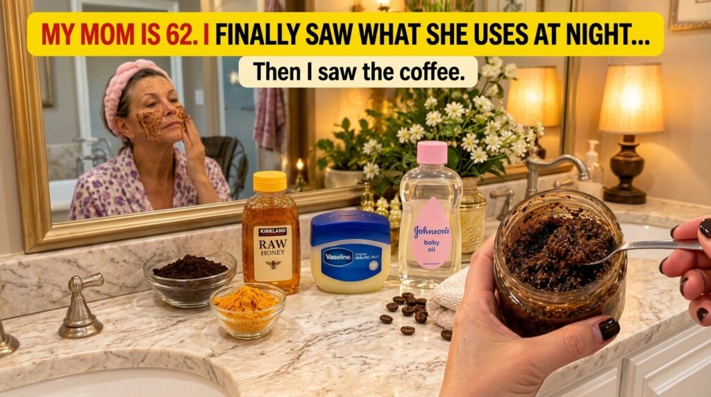 A woman applies a homemade coffee scrub to her face reflected in a mirror In the foreground a hand holds a jar of coffee