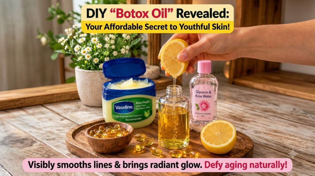 A hand gently squeezing lemon juice into a clear bottle of oil with Vaseline Aloe Fresh Glycerin Rose Water and vitamin 