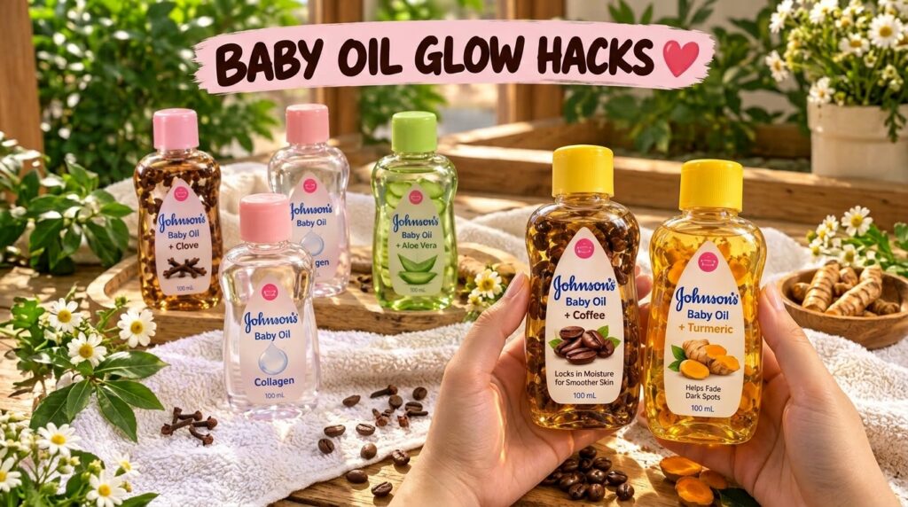 Five bottles of Johnson s Baby Oil infused with natural ingredients like clove collagen aloe vera coffee and turmeric he